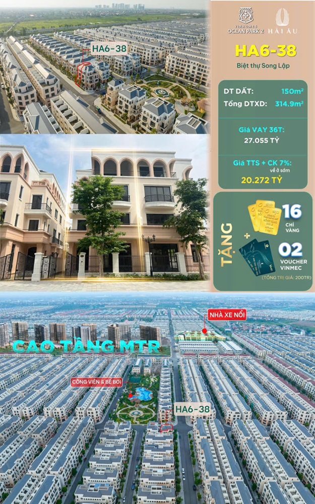 Bán biệt thự Hải Âu 6 căn 38 Vinhomes Ocean Park 2 The Empire Hưng Yên; Diện tích 150m2, hướng Đông Nam giá bán 20.3 tỷ