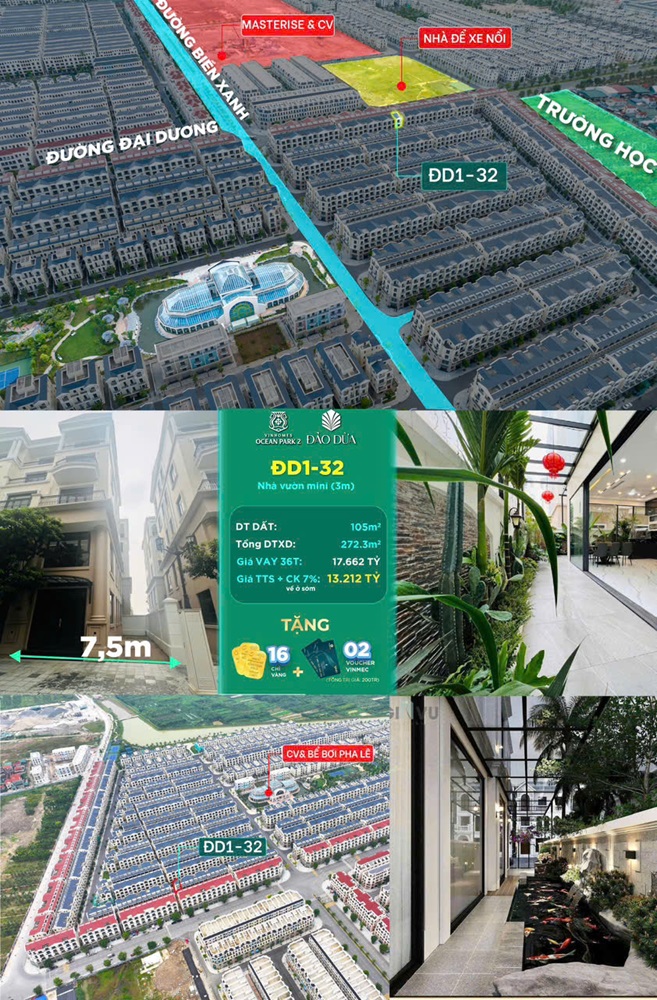 Bán liền kề Đảo Dừa 1 căn 32 Vinhomes Ocean Park 2 The Empire Hưng Yên; Diện tích 105m2, hướng Đông Nam, giá bán 13.2 tỷ