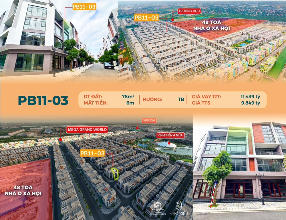Bán liền kề Phố Biển 11 căn 03 DT 78m2, MT 6m, Tây Bắc Vinhomes Ocean Park 3 The Crown Hưng Yên