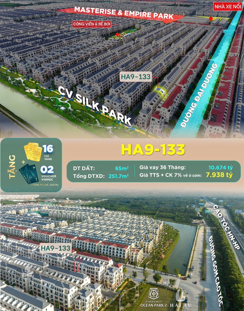 Liền kề Hải Âu 9 căn 133 Vinhomes Ocean Park 2 The Empire Hưng Yên; Diện tích 65m2, Hướng Đông Nam, giá bán 7.9 tỷ