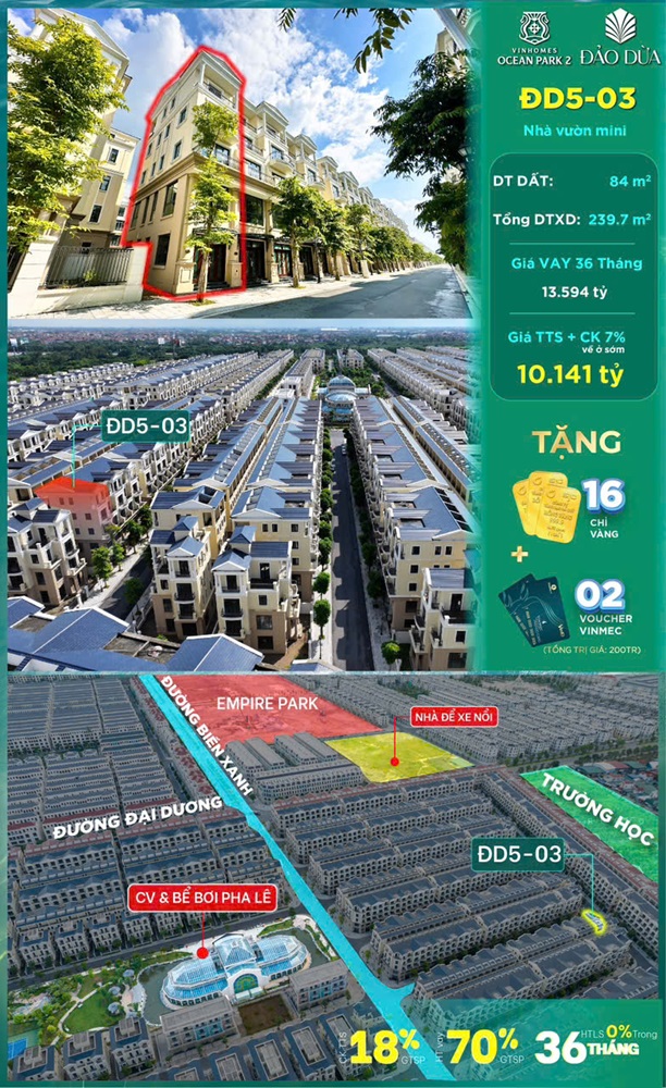 Bán liền kề xẻ khe Đảo Dừa 5 căn 03 Vinhomes Ocean Park 2 The Empire Hưng Yên diện tích 84m2 hướng Tây Bắc giá 10.1 tỷ