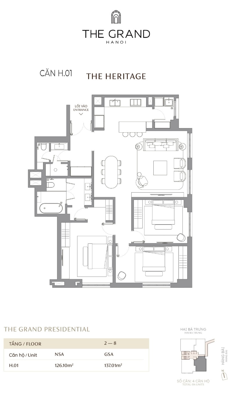 Căn H,01 DT 126.1m2 Toà The Heritage Masterise The Grand Hà Nội (Masterise D'. San Raffles) 42-44 Hàng Bài