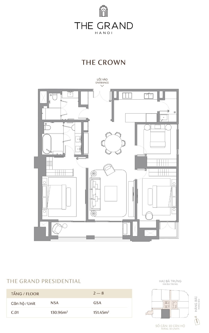 Căn hộ C.01 DT 130.69m2 Toà The Crown Masterise The Grand Hà Nội (Masterise D'. San Raffles) 42-44 Hàng Bài