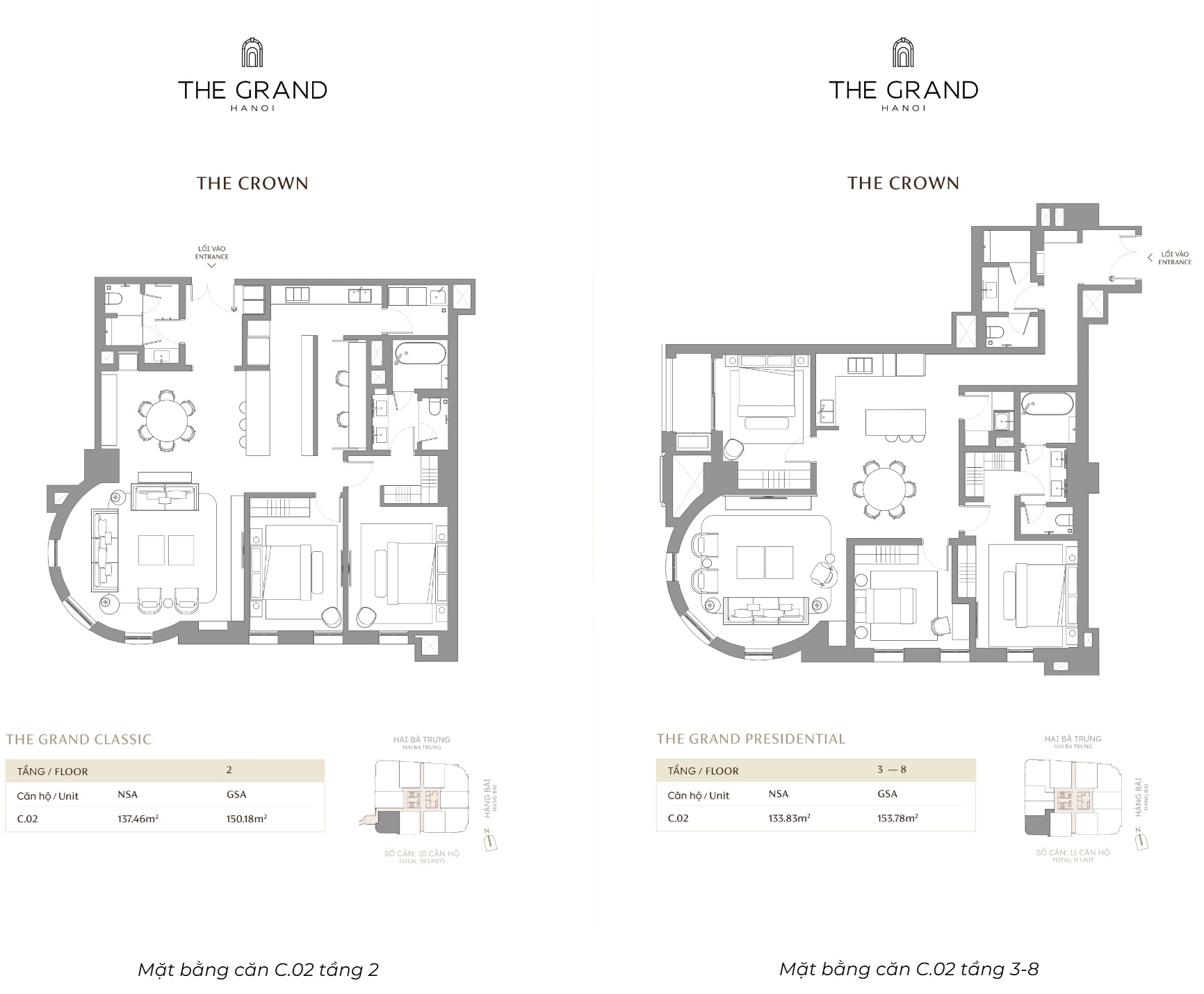 Căn hộ C.02 DT 137.46m2 Toà The Crown Masterise The Grand Hà Nội (Masterise D'. San Raffles) 42-44 Hàng Bài