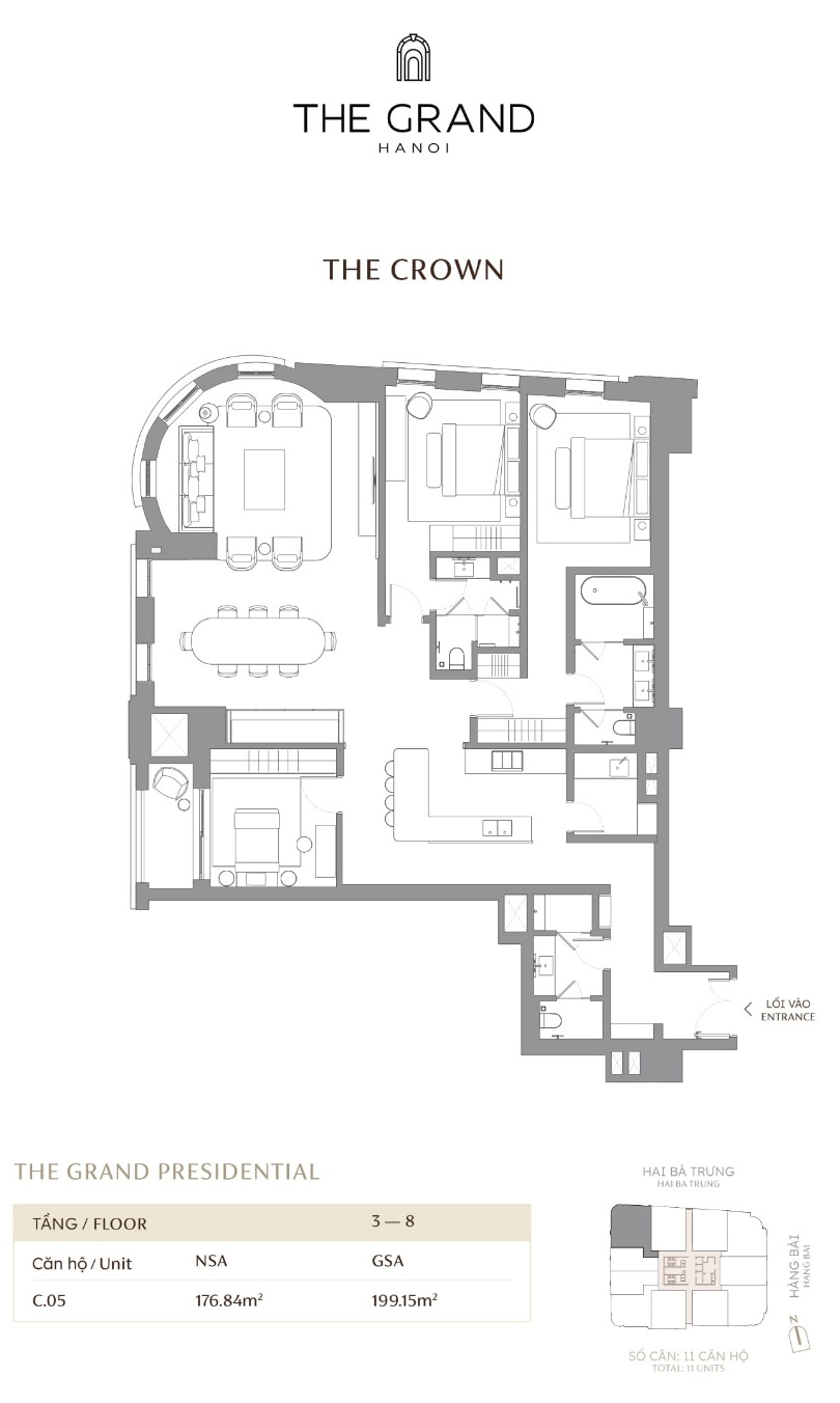 Căn hộ C.05 DT 176.84m2 Toà The Crown Masterise The Grand Hà Nội (Masterise D'. San Raffles) 42-44 Hàng Bài