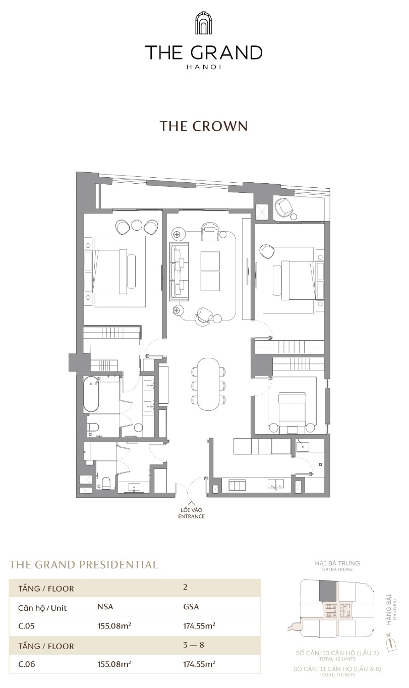 Căn hộ C.06 DT 155.08m2 Toà The Crown Masterise The Grand Hà Nội (Masterise D'. San Raffles) 42-44 Hàng Bài