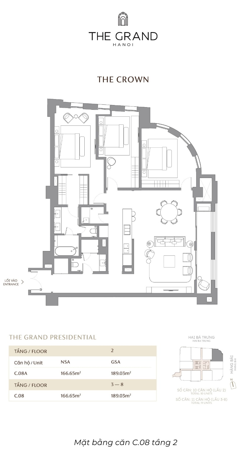 Căn hộ C.08 DT 166.65m2 Toà The Crown Masterise The Grand Hà Nội (Masterise D'. San Raffles) 42-44 Hàng Bài