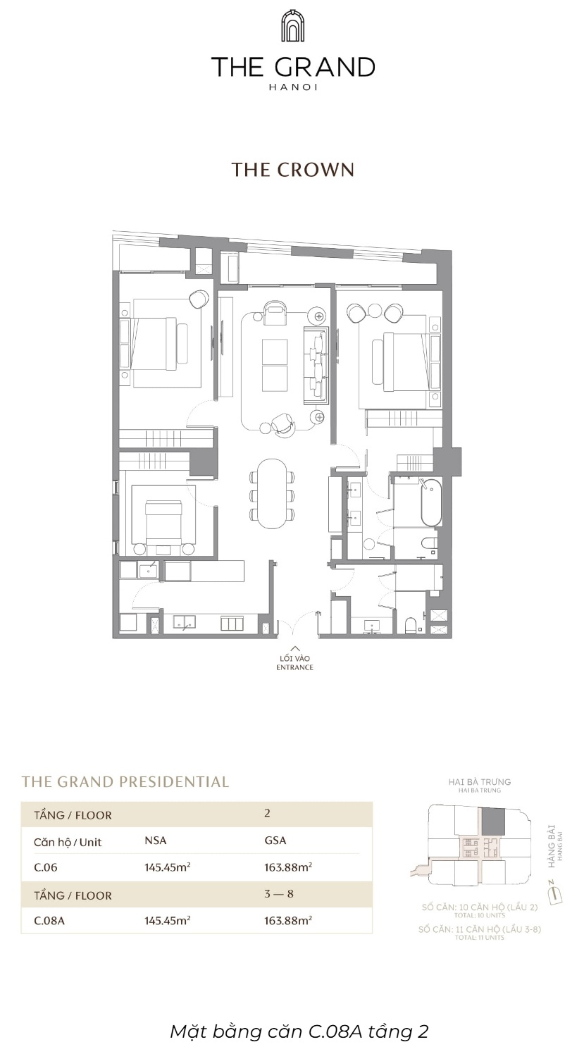 Căn hộ C.08A DT 145.45m2 Toà The Crown Masterise The Grand Hà Nội (Masterise D'. San Raffles) 42-44 Hàng Bài