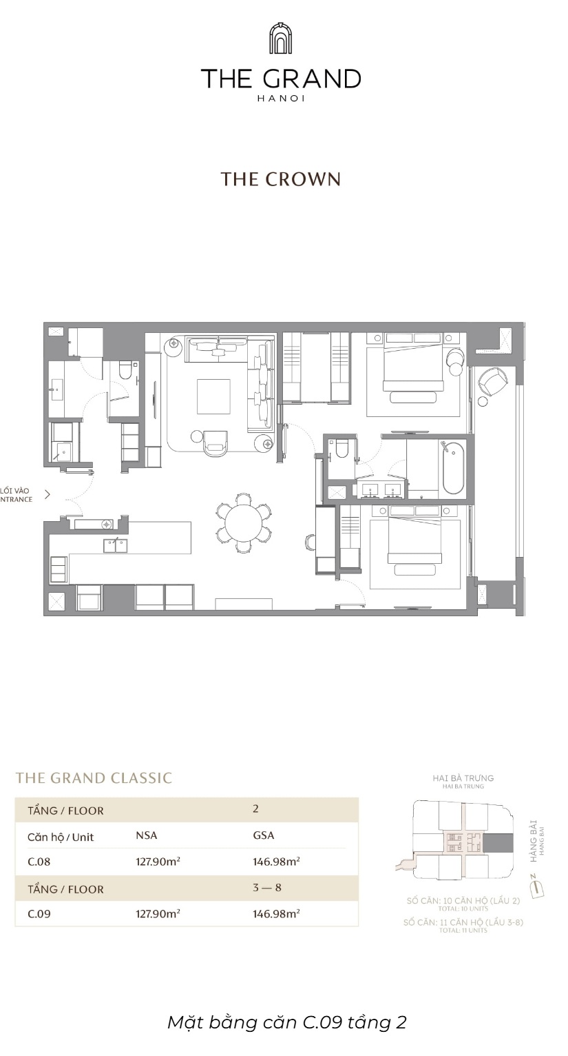 Căn hộ C.09 DT 127.9m2 Toà The Crown Masterise The Grand Hà Nội (Masterise D'. San Raffles) 42-44 Hàng Bài