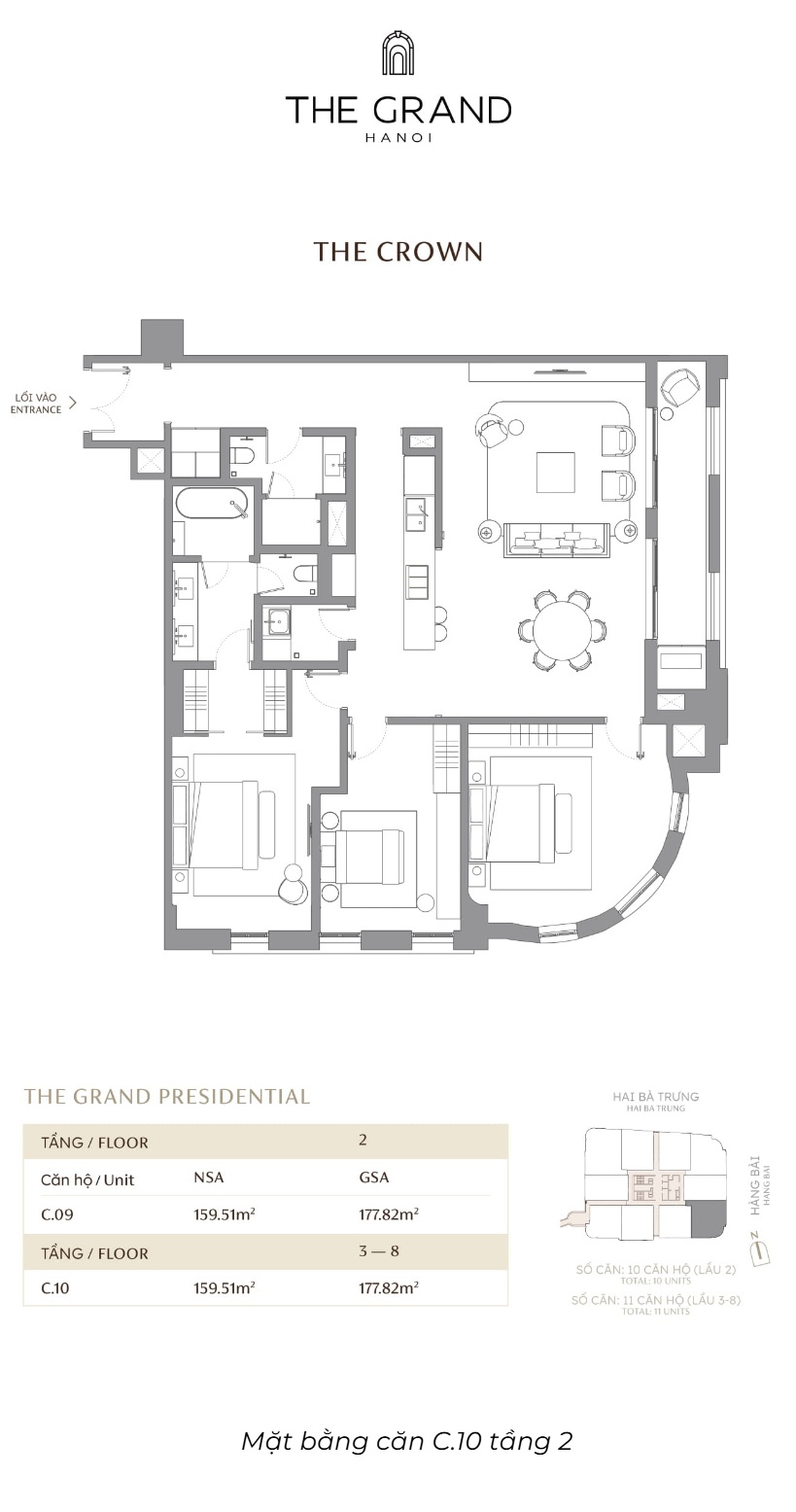 Căn hộ C.10 DT 159.51m2 Toà The Crown Masterise The Grand Hà Nội (Masterise D'. San Raffles) 42-44 Hàng Bài