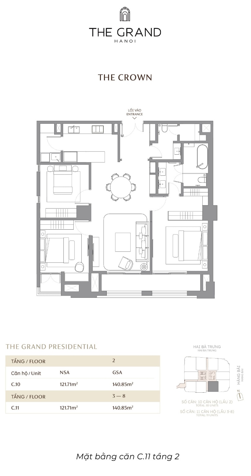 Căn hộ C.11 DT 121.71m2 Toà The Crown Masterise The Grand Hà Nội (Masterise D'. San Raffles) 42-44 Hàng Bài