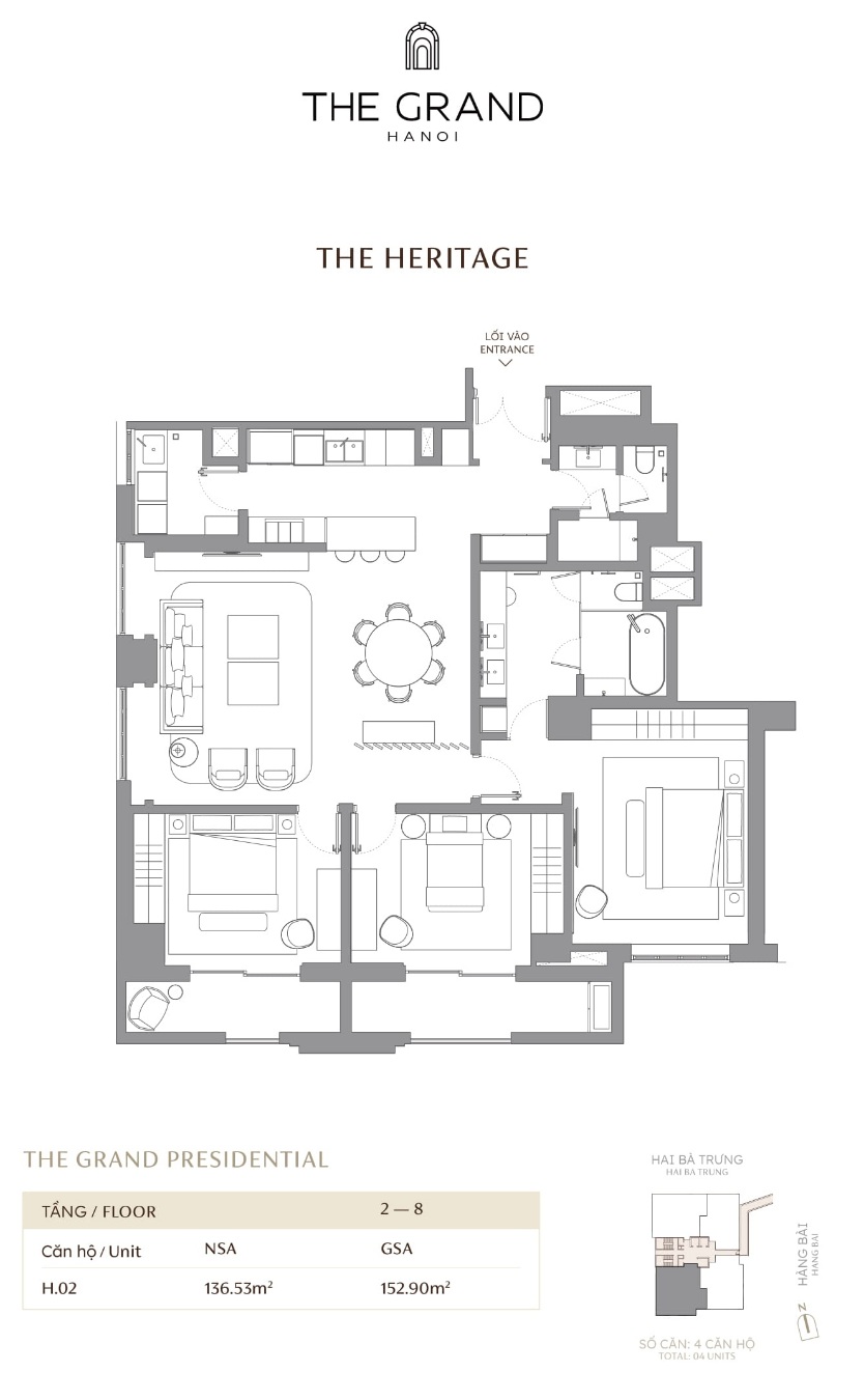 Căn hộ H.02 DT 136.53m2 Toà The Heritage Masterise The Grand Hà Nội (Masterise D'. San Raffles) 42-44 Hàng Bài