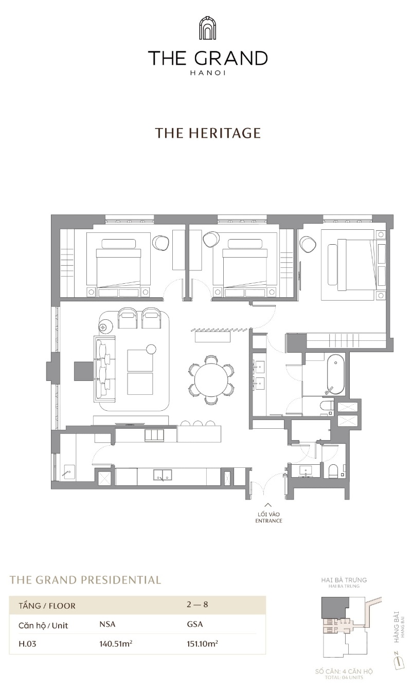 Căn hộ H.03 DT 140.51m2 Toà The Heritage Masterise The Grand Hà Nội (Masterise D'. San Raffles) 42-44 Hàng Bài