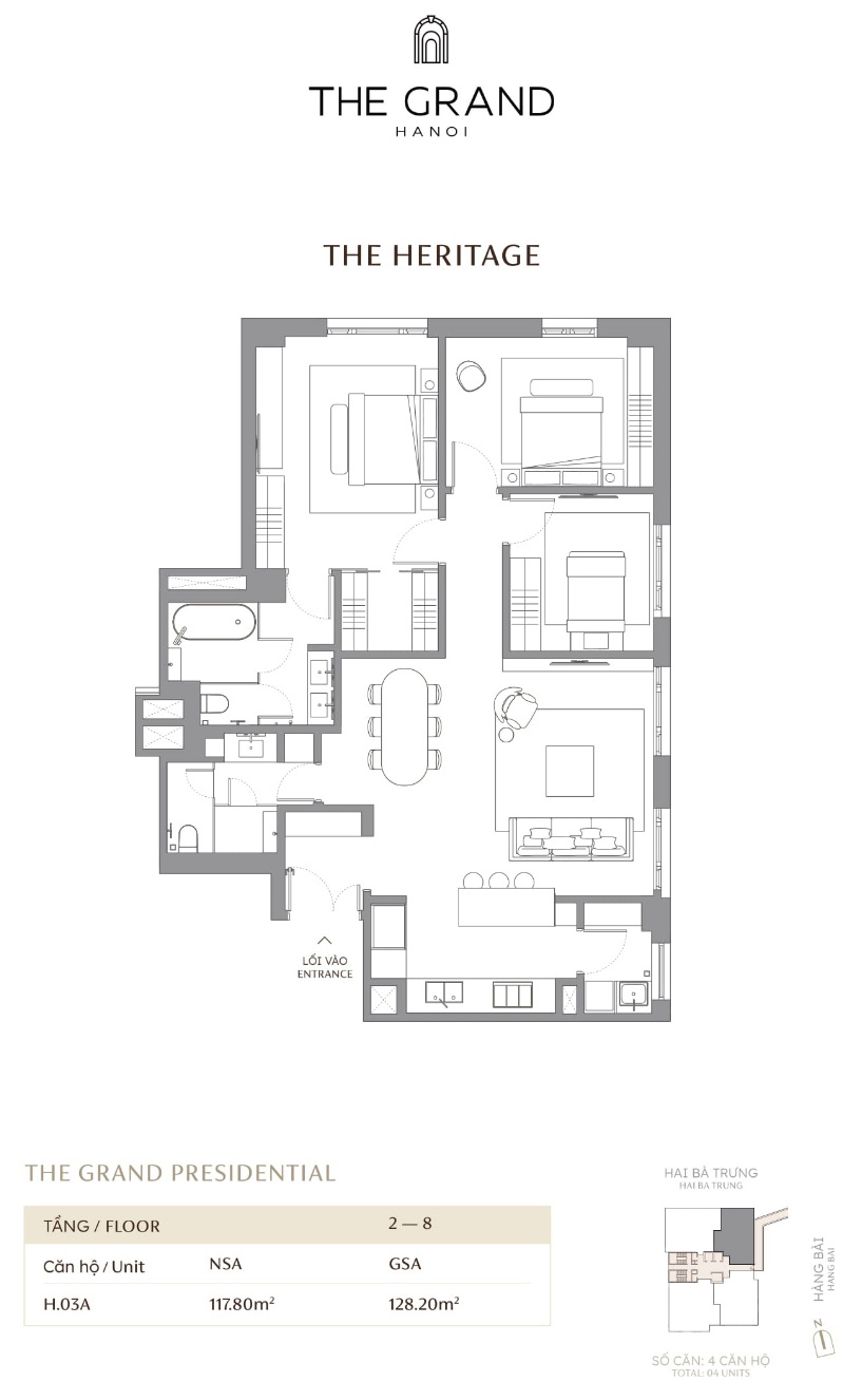 Căn hộ H.03A DT 128.2m2 Toà The Heritage Masterise The Grand Hà Nội (Masterise D'. San Raffles) 42-44 Hàng Bài