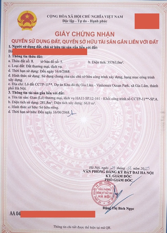 Sổ đỏ shop TMDV Vinhomes Ocean Gia Lâm