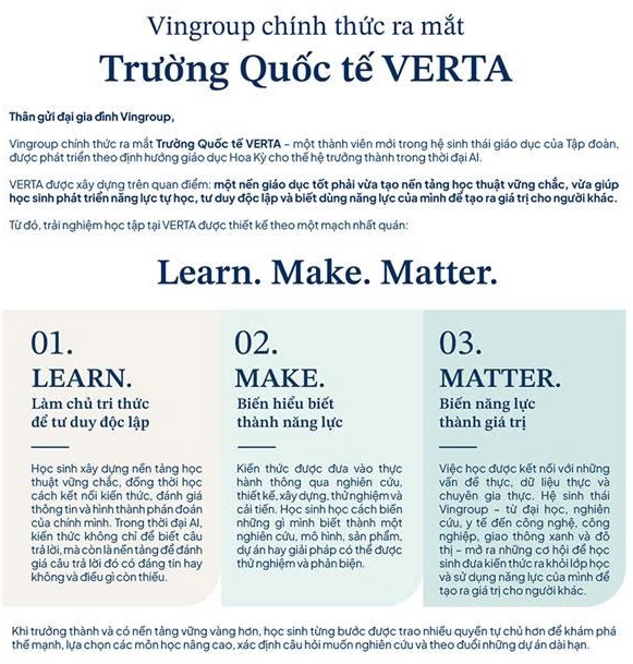 Vingroup ra mắt Trường Quốc tế VERTA